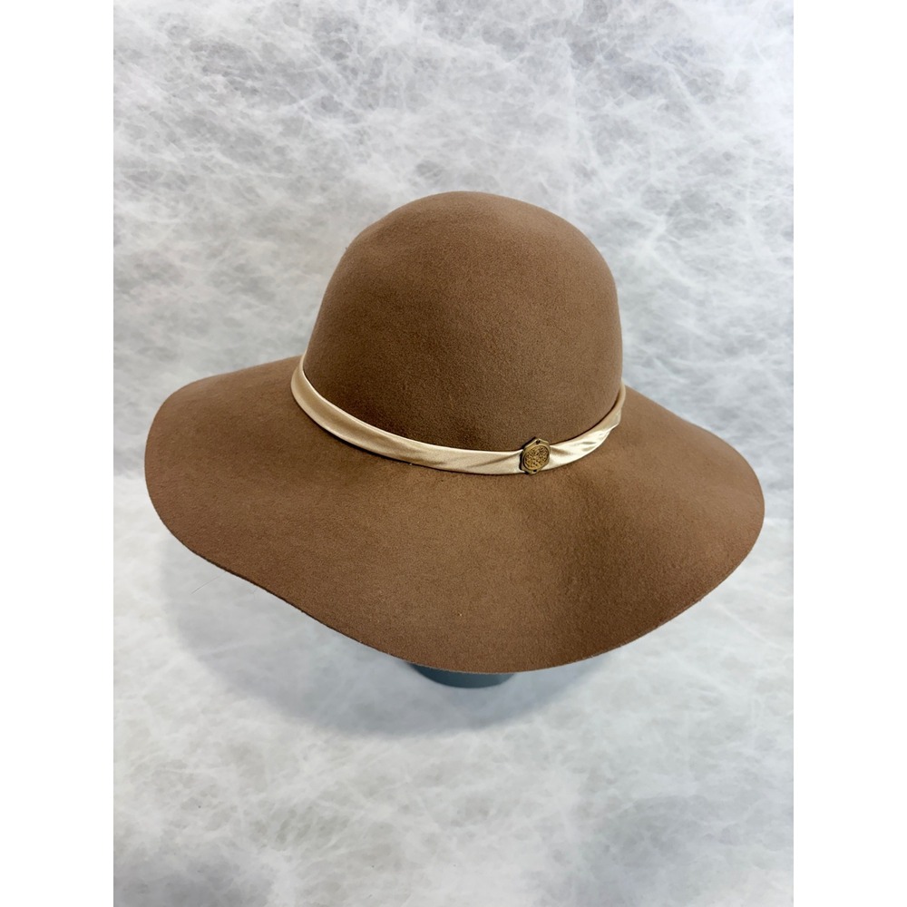 Vince Camuto Brown‎ 100% Wool Floppy Wide Brim Hat with Gold Logo Medallion OS